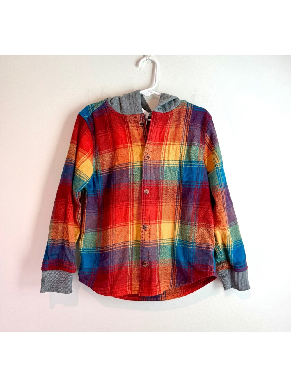 Hanna Andersson Boys Rainbow Plaid Hooded Shirt Size 5